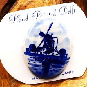 Vintage Hand Painted Windmill Porcelain Delft Holland Brooch Blue & White